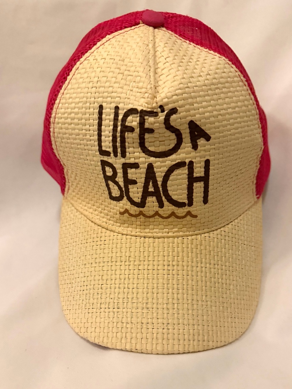 Pura Vida by Optimis Pink and Cream straw 'Life's a Beach' Straw Trucker Cap